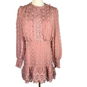 Just Me Dress Small Pink Pom Pom Swiss Dot‎ Lace Trim Long Sleeve Mini Occasion